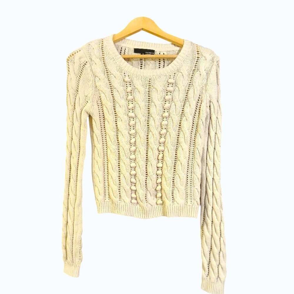 KAISELY Cream Cotton Blend Cable Knit Crew Neck Sweater